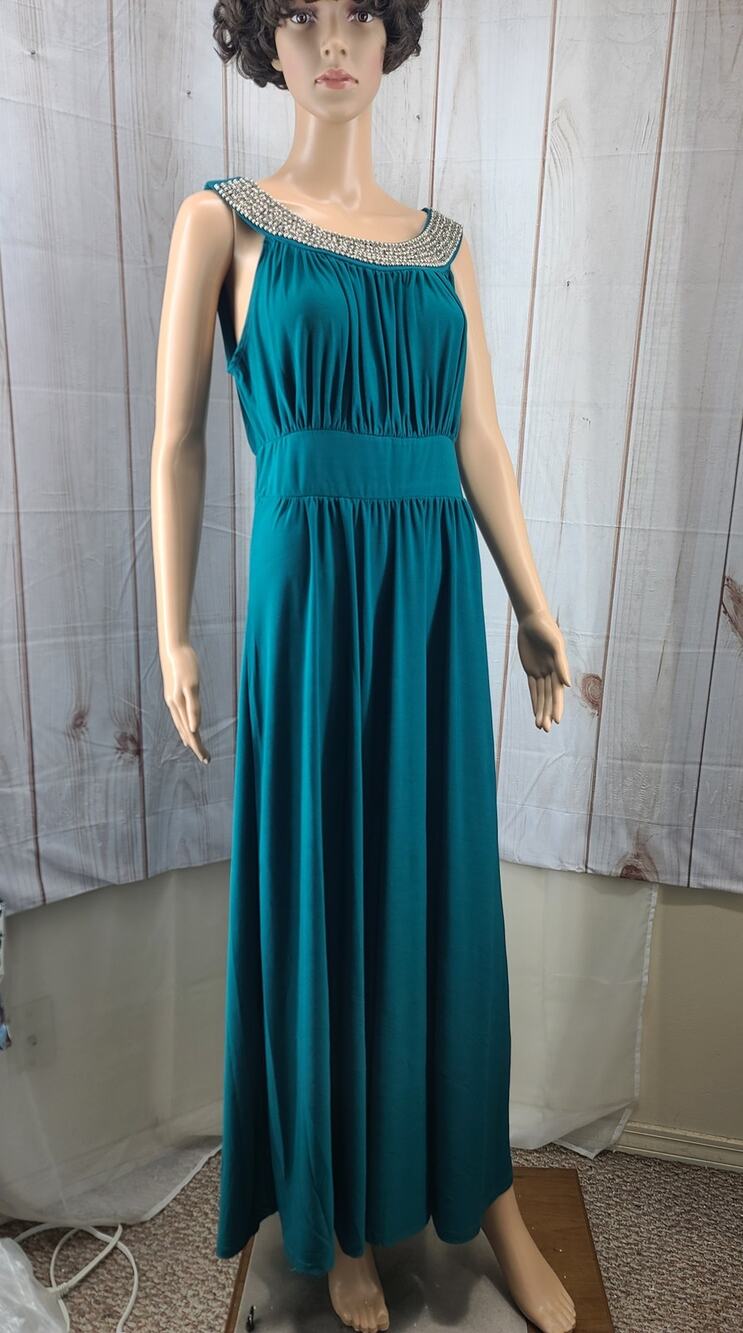 Sandiva Women L Sleeveless Maxi Dress Gown Beaded Neckline Gathered Bodice